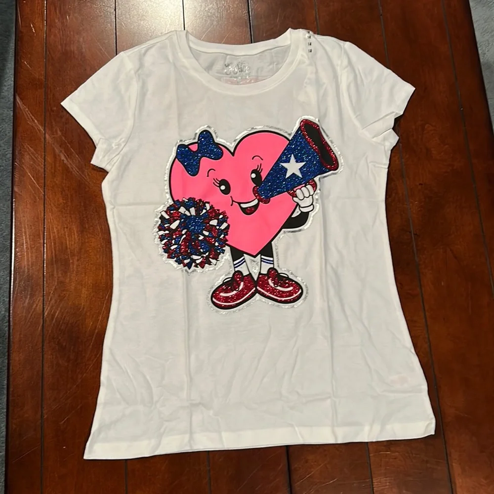 NWT Justice We’re Here To Cheer White Glitter Cheerleading Top Size 18
